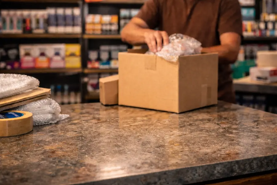 empleado empacando pedidos en tienda de vapeo con estanterías de productos al fondo