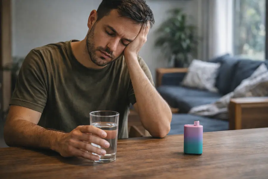 persona descansando y bebiendo agua mientras presenta síntomas de lengua de vapeador