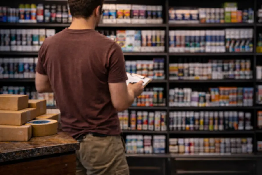 persona revisando productos en estantería de tienda de vapes para ranking de vapes desechables