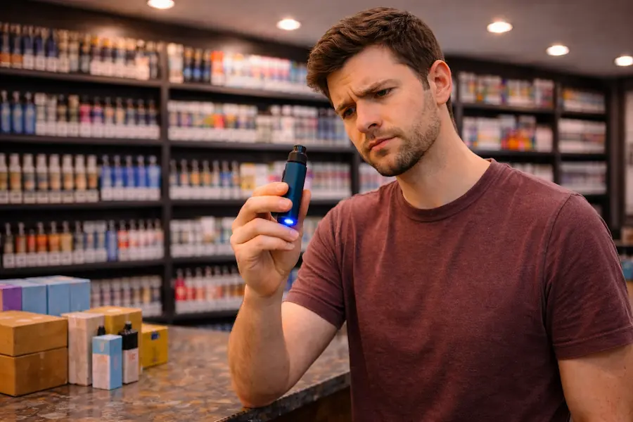 persona revisando vape que parpadea con luz LED en tienda de vapeo
