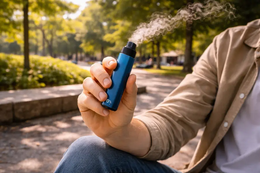 vape sin nicotina sobre mesa al aire libre en ambiente natural y relajado
