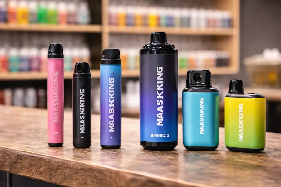 vapes desechables Maskking de diferentes tamaños sobre mostrador de tienda de vape