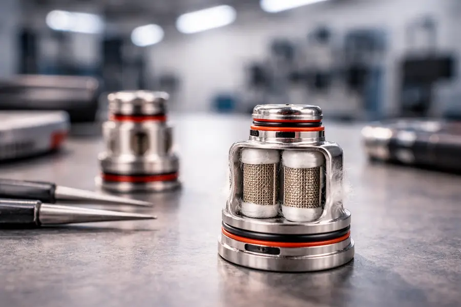 detalle de resistencia dual mesh en vape mostrando doble malla metálica y algodón en entorno industrial profesional