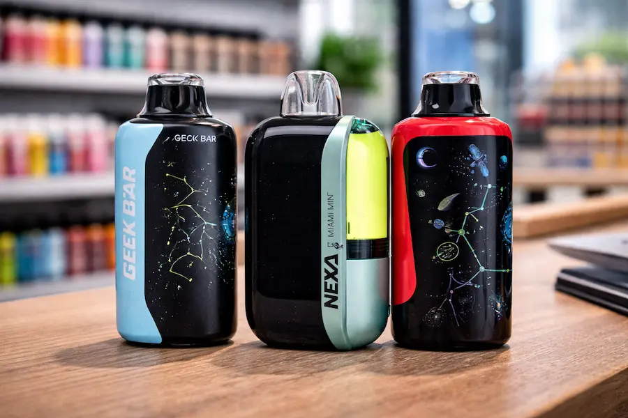 vapes de alta duracion en tienda mostrando dispositivos recargables de 20000 a 50000 puffs en entorno comercial